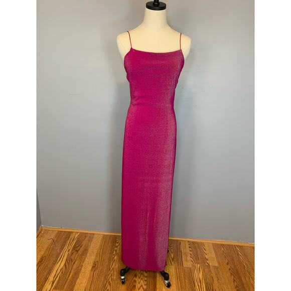 Vtg 90s Y2K City Triangles Open Back Strappy Hot Pink Metallic Bodycon Dress Med - Picture 15 of 17